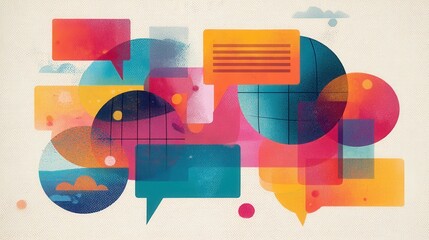 Vibrant abstract composition of overlapping speech bubbles and geometric shapes representing global communication and dialogue