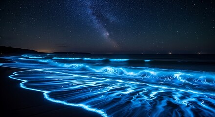 Aesthetic Background Bioluminescent Waves Under a Starry Night Sky Serenity