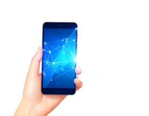 Hand holds a phone with a luminous, blue networked graphic display against a stark black background with radial glow
