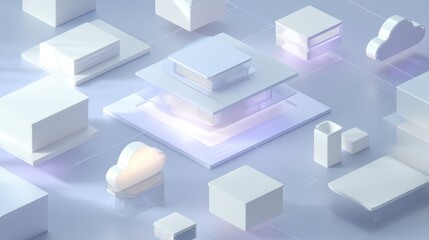 Obraz premium Abstract isometric visualization of data processing and cloud computing infrastructure using geometric shapes