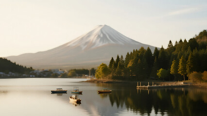 Top-down tilt-shift of Mount Fuji reflected in the lake