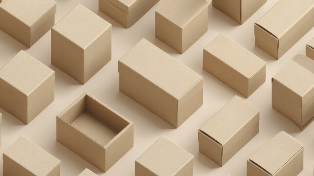 Seamless pattern of luxury beige textured gift boxes arranged in a grid on a monochromatic background