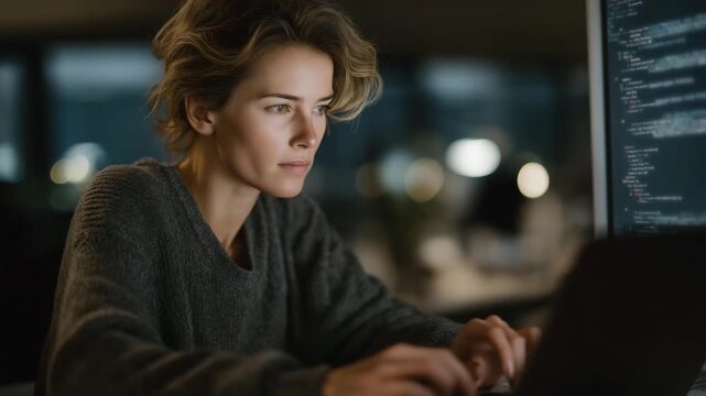 Analyst programming security algorithm to detect zero-day threats on quantum-encrypted networks, emotion of determination visible, symbolizing AI cybersecurity, ethical hacking innovation, and