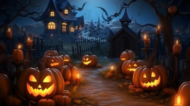 Spooky Halloween scene with glowing pumpkins lining a path to a haunted house. Low-angle view, perfect for a chilling video backdrop. Live desktop wallpaper.