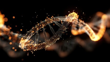 Glowing DNA double helix structure composed of bright digital particles in abstract visualization