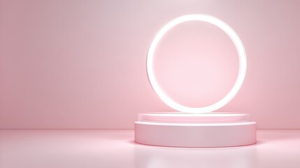 Minimalist pink product display stage with glowing neon ring light on a clean studio background
