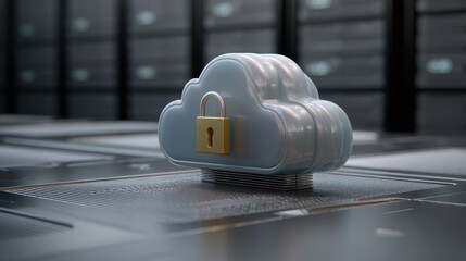 Secure cloud computing concept with padlock icon in a futuristic data center