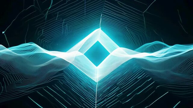 Futuristic, seamless looping abstract background featuring glowing teal diamond shapes surrounded by undulating wireframe waves and digital terrain