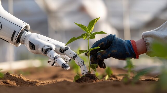 Robotic arm and human hand collaborating to plant a green seedling in fertile soil