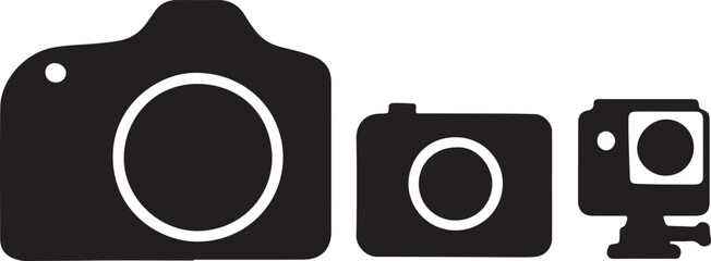 Modern camera silhouette icon set — minimal black photography symbols collection including DSLR, retro, digital, and video camera shapes for creative design projects