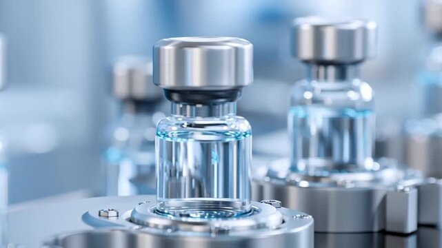 Pharmaceutical drug development process showing clear glass vials filled with blue liquid stainless steel machinery sterile laboratory environment highlighting advanced medical research innovation