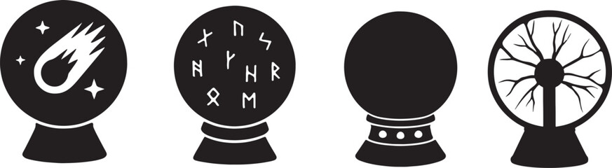 Mystical crystal ball silhouette set with magic symbols, meteor design, runes, plasma globe, and fortune-telling sphere illustration for fantasy or occult themes