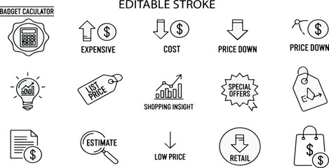 Price tag icon set with discount labels, sale stickers, barcode tags, shopping labels, offer badges, and retail marketing symbols in clean modern vector flat design