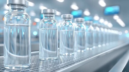Pharmaceutical drug development process with clear glass vials on conveyor belt in modern laboratory featuring bright lights and blue tones for medical research and production - Powered by Adobe