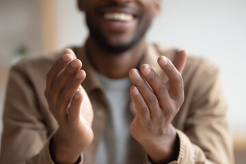 Smiling man clapping hands in appreciation, showing support and encouragement.