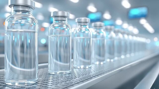 Pharmaceutical drug development process with clear glass vials on conveyor belt in modern laboratory featuring bright lights and blue tones for medical research and production