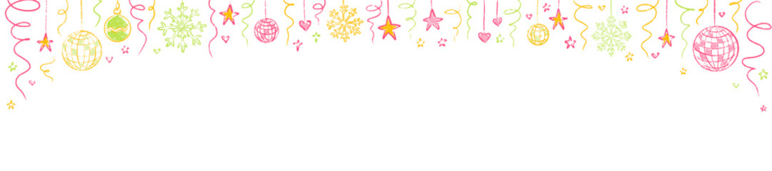 Merry Christmas and Happy New Year party colorful hand drawn doodle crayon, pencil, chalk background. Christmas bachelorette disco party poster in girly feminine coquette style.  y2k music dance club