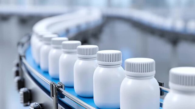 Pharmaceutical drug development process with white plastic medicine bottles moving on conveyor belt in factory for efficient production packaging and quality control in production line