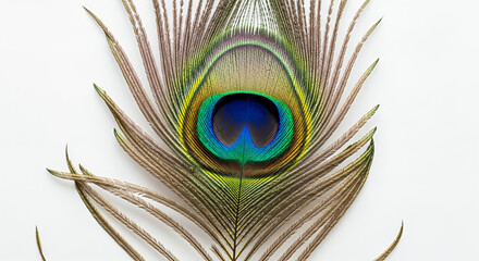 Fototapeta premium Image features a close-up view of peacock feathers laid out on a flat, light-colored surface. The feathers are arranged diagonally, with their eye spots prominently displayed. Each feather has a