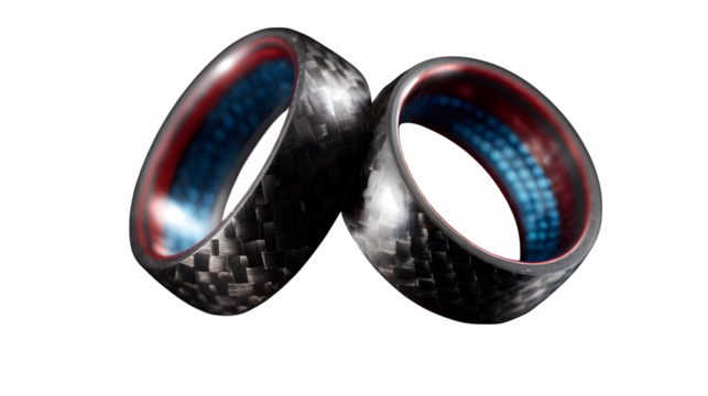 Modern men? carbon fiber rings with blue and red detail inlays, transparent background