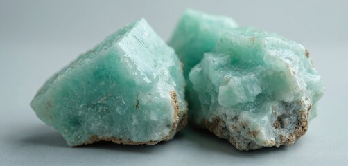 Two rough amazonite mineral specimens show pale green blue color and textured surface. Closeup detail of raw geological formations with earthy matrix on light grey background.