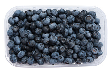 Blueberries in a plastic container isolated on a white background.