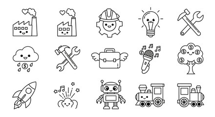 Collection of outline cartoon drawings, showcasing playful and creative concepts in black and white