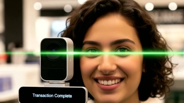Woman using facial recognition payment system with green laser and camera