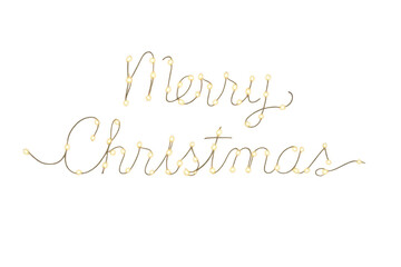 Merry christmas holiday lights creating festive script lettering illustration with glowing bulbs on transparent background