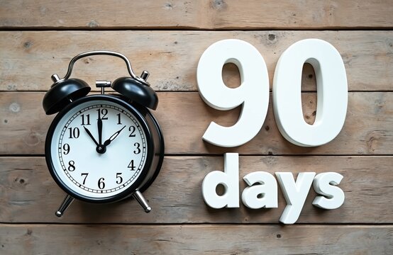 Alarm clock and 90 days text on wooden surface. Time for sale, offer, or plan countdown. Deadline reminder, project completion, or business goal.