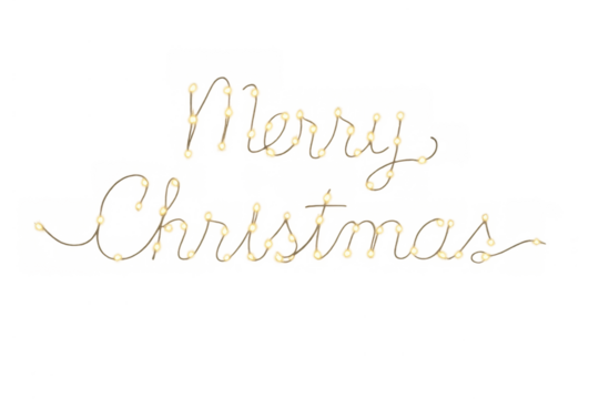 Merry christmas holiday lights creating festive script lettering illustration with glowing bulbs on transparent background