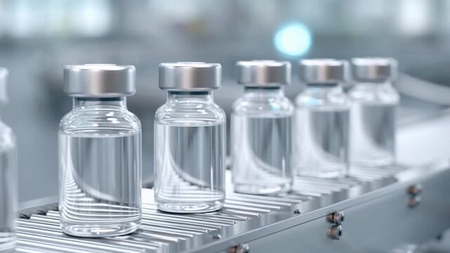 Pharmaceutical drug development process with clear glass vials and liquid medicine on conveyor belt in modern sterile laboratory environment highlighting innovation precision and production