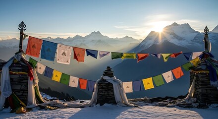 Mountain Prayer Flags Fluttering in the Sun An Aesthetic Background