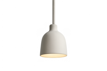 Modern minimalist pendant lamp giving warm light, white ceiling light fixture with transparent background