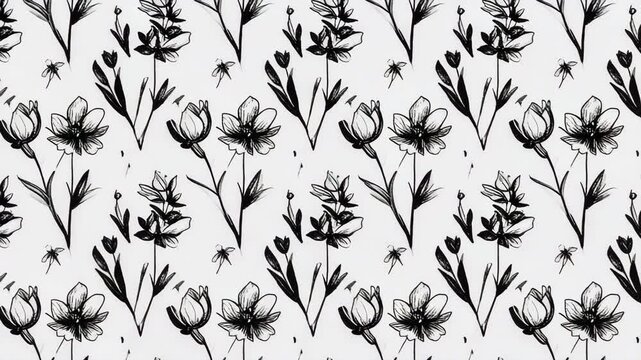Seamless pattern of simple flowers and branches on a white background, black and white botanical drawing style, nature illustration