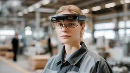 Factory worker wearing AR headset performing industrial safety training in digital simulation, emotion of focus visible, representing augmented reality education, smart manufacturing, and AI - Powered by Adobe