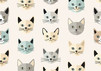 Seamless pattern of stylized cat faces in various colors with a flat design aesthetic, perfect for backgrounds or textiles.
