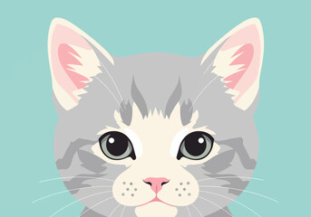 Close-up illustration of a cute grey tabby kitten's face with large, expressive eyes and pink inner ears.
