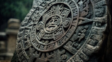 Weathered Aztec Sun Stone Closeup in Rain