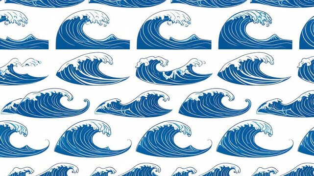 Stylized blue ocean waves pattern on white backdrop showcasing various shapes and sizes, creating a dynamic sea themed background.