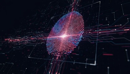 Digital fingerprint hologram over circuit lines symbolizing biometric security and identity verification, protecting sensitive data on networks against cybercrime and unauthorized access