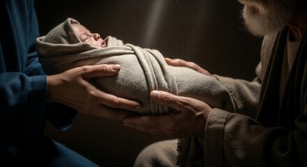 A newborn baby passed between hands in a sacred biblical scene. The swaddled infant illuminated by a holy light in a depiction of a bible story