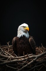 Obraz premium Bald eagle sitting in nest. Bird has white head and dark brown body. Eagle looks alert with sharp eyes and strong yellow beak. Nest is made of many thin branches.