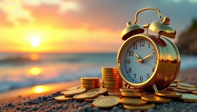 Golden alarm clock and coins sit on sandy beach at sunrise reflecting time and wealth. The ocean waves gently wash ashore during dawn, symbolizing financial growth and investment opportunities.