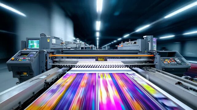 Modern digital printing press producing colorful high quality large format prints in industrial workshop
