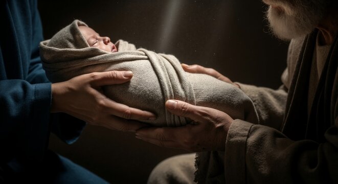 A newborn baby passed between hands in a sacred biblical scene. The swaddled infant illuminated by a holy light in a depiction of a bible story