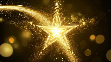 Luxurious abstract background loop featuring a glowing gold five-pointed star surrounded by light trails and soft bokeh, ideal for awards ceremonies