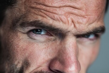 Fototapeta premium Close-up of a man with slight frown and focused eyes, symbolizing analysis and decision-making.