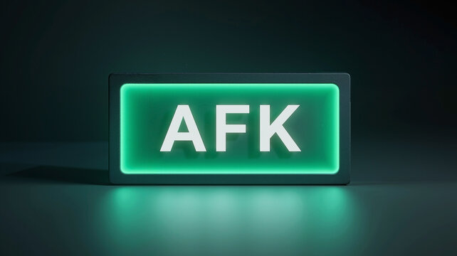 "AFK" (Away From Keyboard) banner on a neon-green signboard, lit by a crisp white backlight, clean studio background with dark gradient