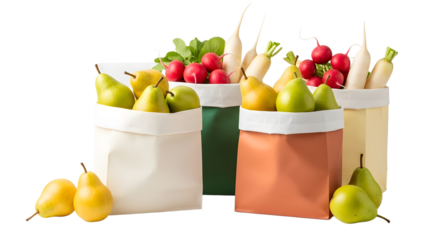 Fresh pears and radishes in reusable cloth bags with a transparent background, perfect for eco-friendly shopping and sustainable living